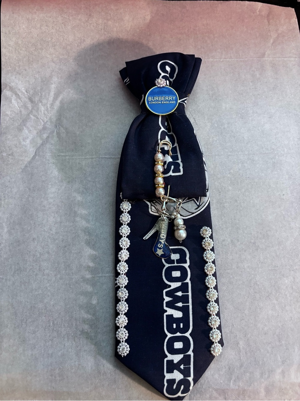 Upcycle Burberry Navy Tie with 'COWBOYS' Print and Charm Accents